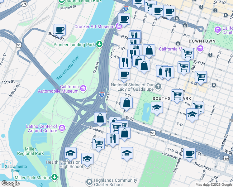 map of restaurants, bars, coffee shops, grocery stores, and more near 324 U Street in Sacramento