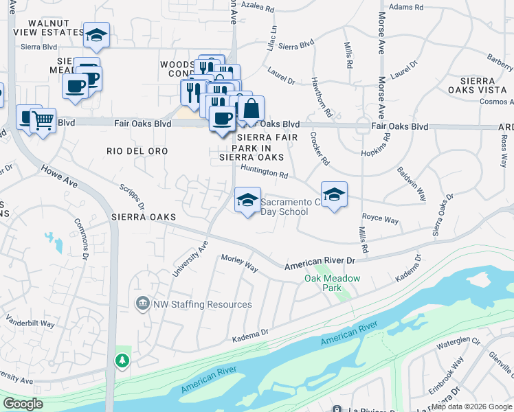 map of restaurants, bars, coffee shops, grocery stores, and more near 2636 Latham Drive in Sacramento