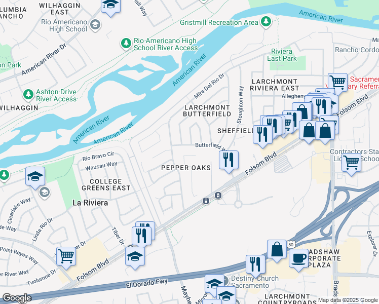 map of restaurants, bars, coffee shops, grocery stores, and more near 9427 Maria Way in Sacramento