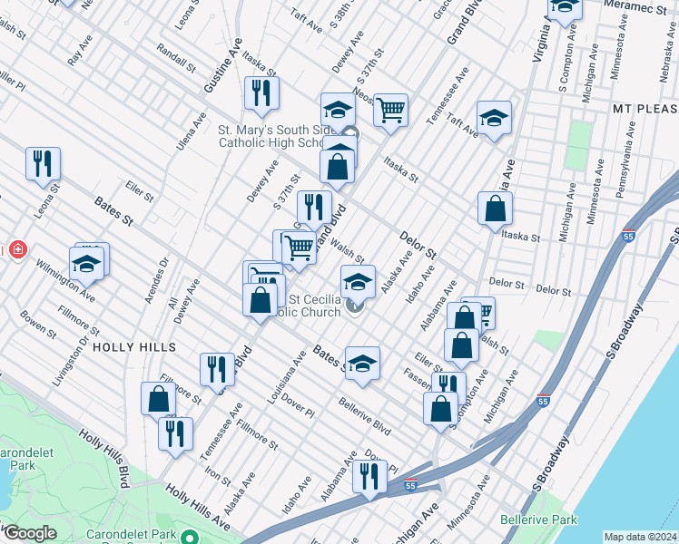 map of restaurants, bars, coffee shops, grocery stores, and more near 5226 Tennessee Avenue in St. Louis