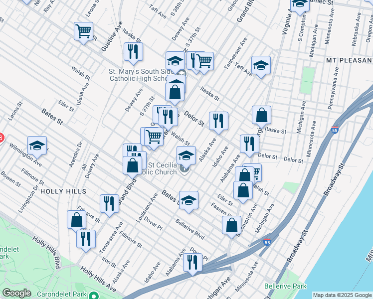 map of restaurants, bars, coffee shops, grocery stores, and more near 5211 Louisiana Avenue in St. Louis