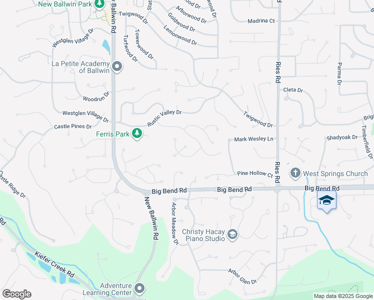 map of restaurants, bars, coffee shops, grocery stores, and more near 634 Clear Creek Court in Ballwin