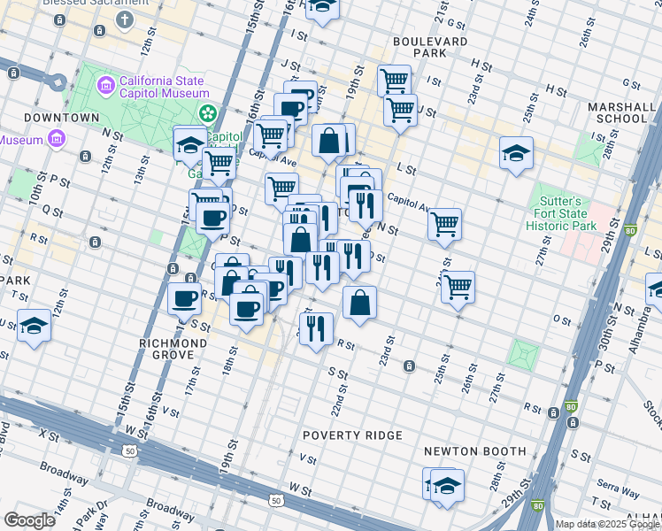 map of restaurants, bars, coffee shops, grocery stores, and more near 2026 P Street in Sacramento