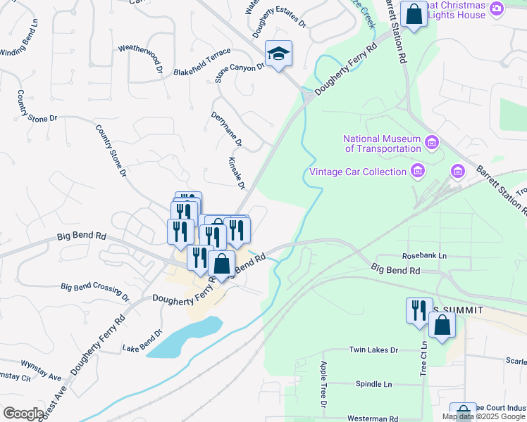 map of restaurants, bars, coffee shops, grocery stores, and more near 13501 Big Bend Road in St. Louis