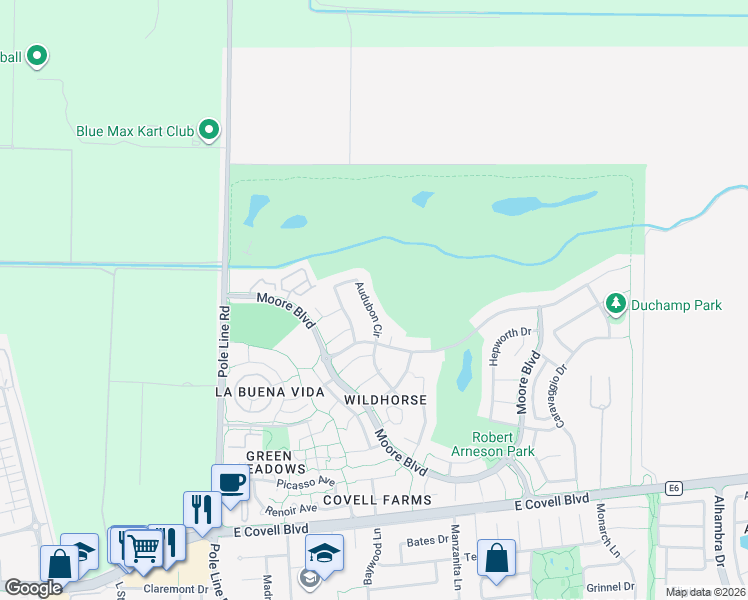 map of restaurants, bars, coffee shops, grocery stores, and more near 3015 Audubon Circle in Davis