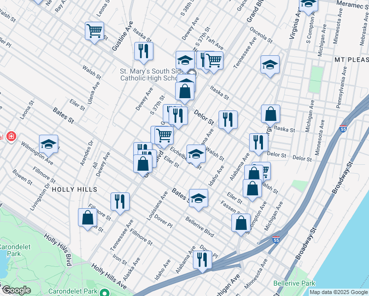 map of restaurants, bars, coffee shops, grocery stores, and more near 5228 Tennessee Avenue in St. Louis