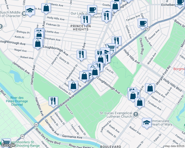 map of restaurants, bars, coffee shops, grocery stores, and more near 4953 Loughborough Avenue in St. Louis