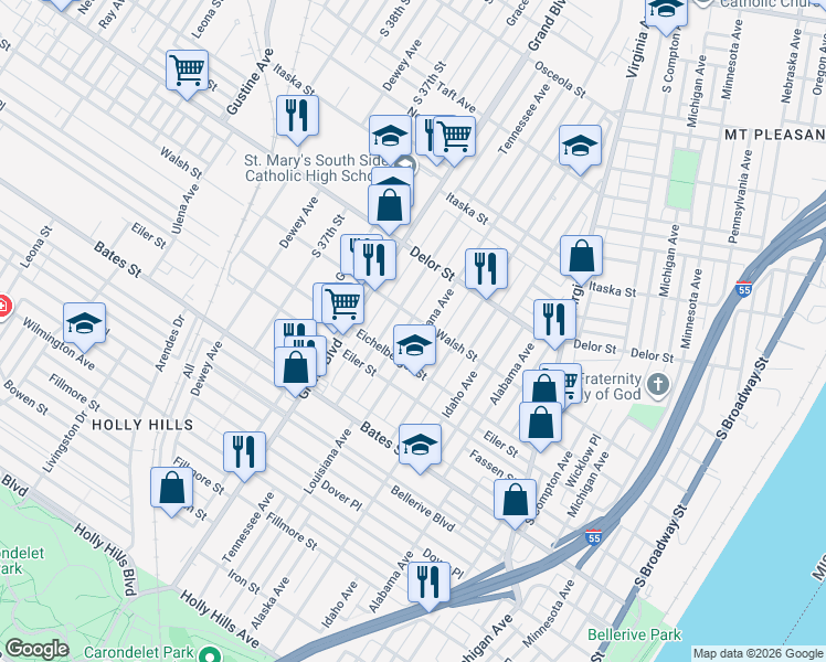 map of restaurants, bars, coffee shops, grocery stores, and more near 5054 Tennessee Avenue in St. Louis