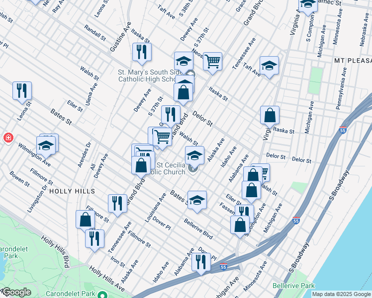 map of restaurants, bars, coffee shops, grocery stores, and more near 5054 Tennessee Avenue in St. Louis