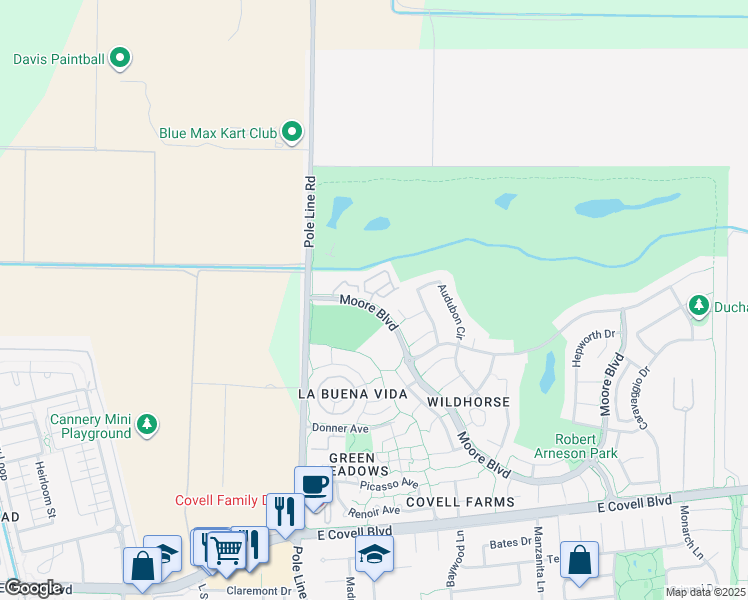 map of restaurants, bars, coffee shops, grocery stores, and more near 1818 Moore Boulevard in Davis