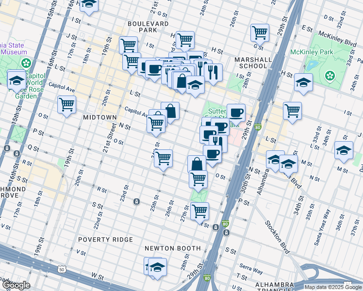 map of restaurants, bars, coffee shops, grocery stores, and more near 2507 Matsui Alley in Sacramento