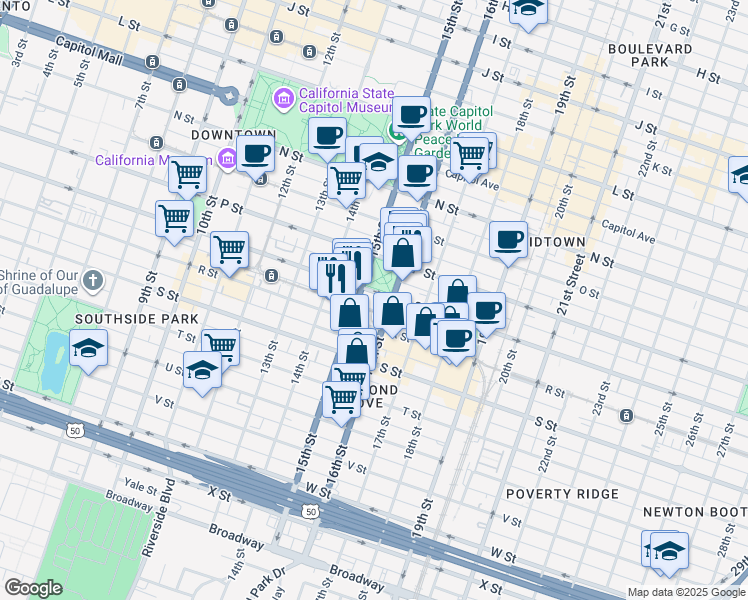 map of restaurants, bars, coffee shops, grocery stores, and more near 1515 Q Street in Sacramento