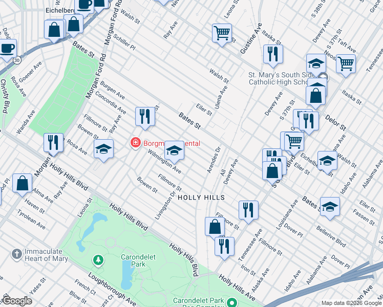 map of restaurants, bars, coffee shops, grocery stores, and more near 3847 Burgen Avenue in St. Louis