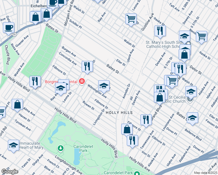 map of restaurants, bars, coffee shops, grocery stores, and more near 3932 Burgen Avenue in St. Louis