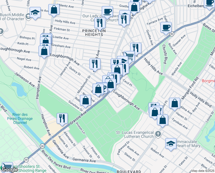 map of restaurants, bars, coffee shops, grocery stores, and more near 4953 Loughborough Avenue in St. Louis