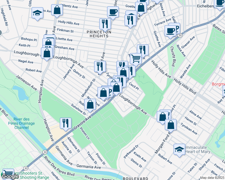 map of restaurants, bars, coffee shops, grocery stores, and more near 4953 Loughborough Avenue in St. Louis