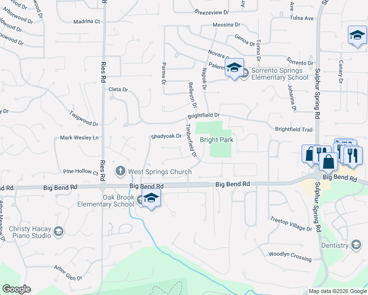 map of restaurants, bars, coffee shops, grocery stores, and more near 222 Shadyoak Drive in Ballwin