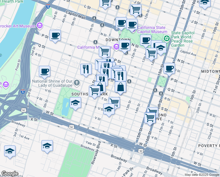 map of restaurants, bars, coffee shops, grocery stores, and more near 1033 S Street in Sacramento