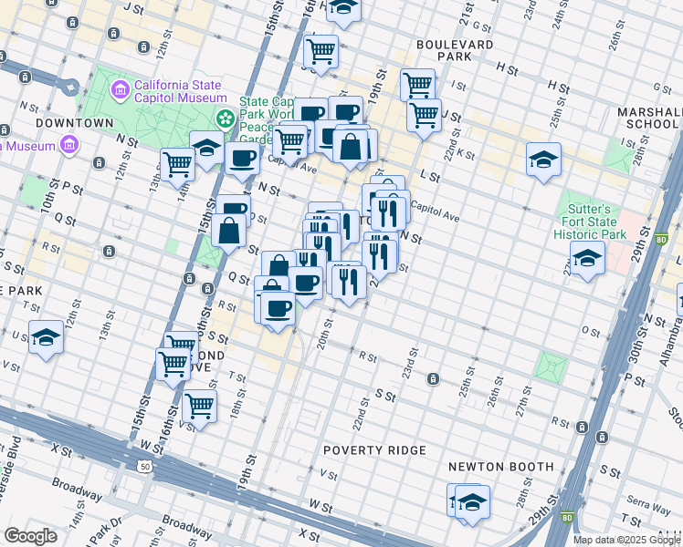 map of restaurants, bars, coffee shops, grocery stores, and more near 1519 19th Street in Sacramento