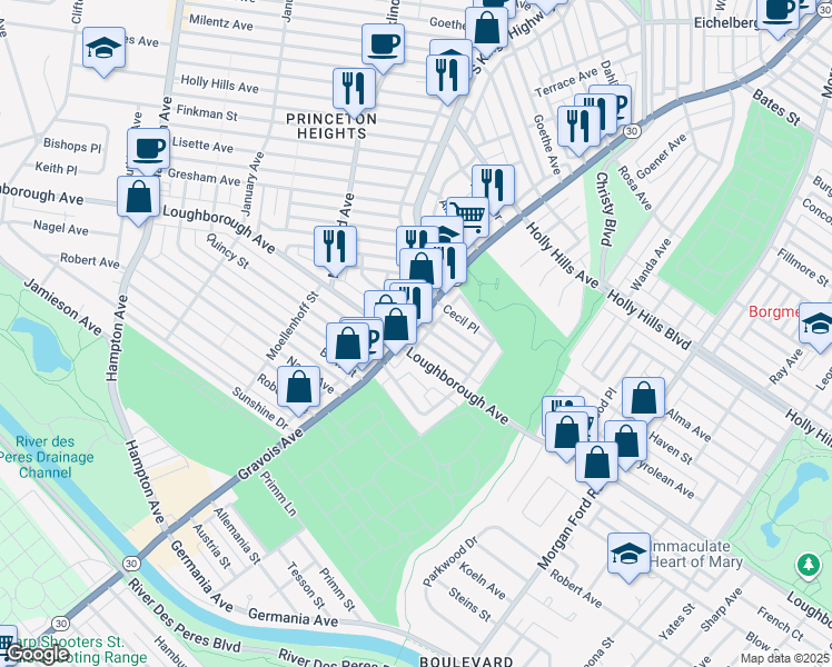 map of restaurants, bars, coffee shops, grocery stores, and more near 3 Tyrolean Avenue in St. Louis