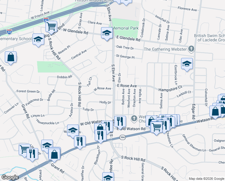 map of restaurants, bars, coffee shops, grocery stores, and more near 1266 South Elm Avenue in Webster Groves