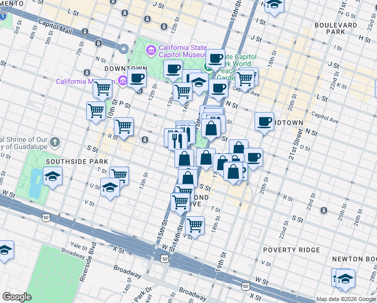 map of restaurants, bars, coffee shops, grocery stores, and more near 1515 Q Street in Sacramento