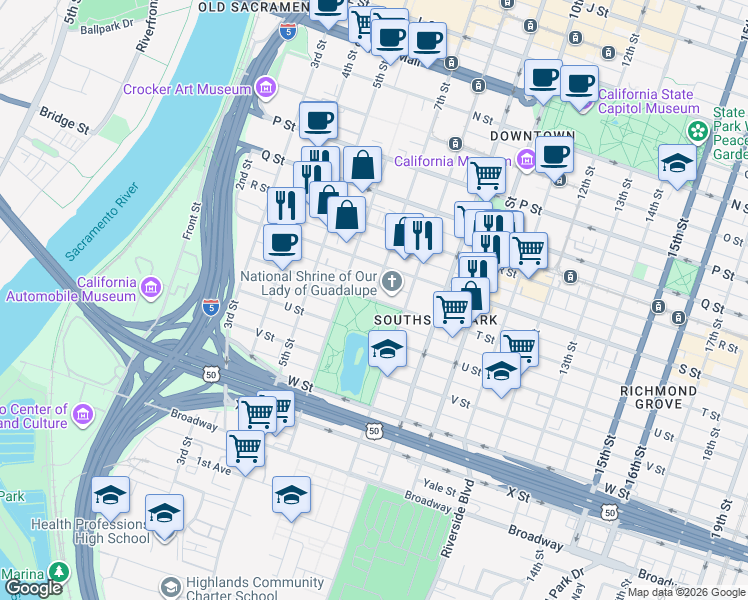 map of restaurants, bars, coffee shops, grocery stores, and more near 700 T Street in Sacramento