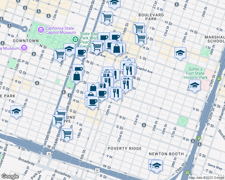 map of restaurants, bars, coffee shops, grocery stores, and more near 1519 19th Street in Sacramento