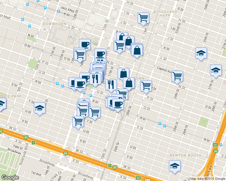 map of restaurants, bars, coffee shops, grocery stores, and more near 1705 P Street in Sacramento