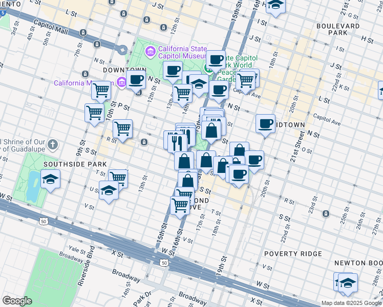 map of restaurants, bars, coffee shops, grocery stores, and more near 1515 Q Street in Sacramento