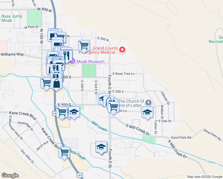 map of restaurants, bars, coffee shops, grocery stores, and more near 199 South 400 East in Moab