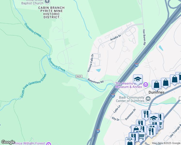 map of restaurants, bars, coffee shops, grocery stores, and more near 4303 Stone Mountain Court in Dumfries