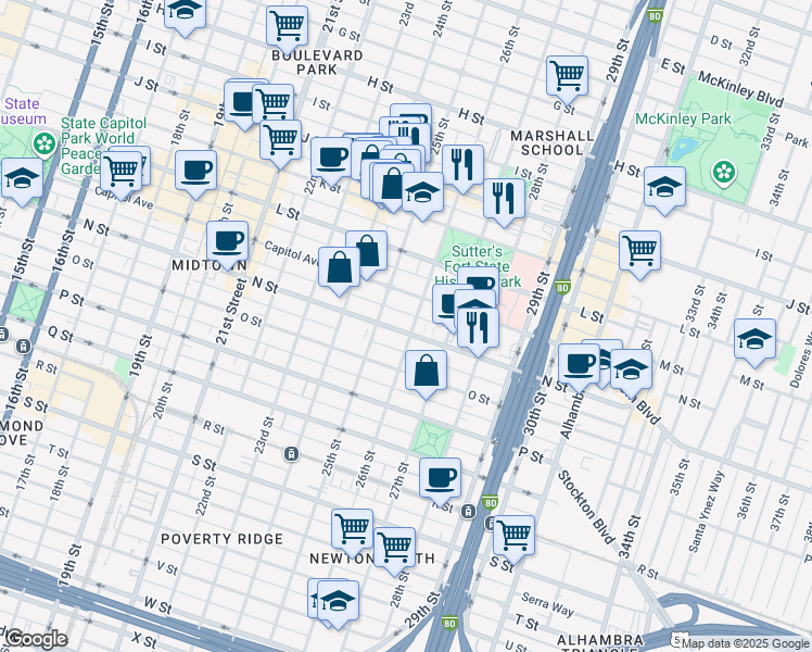 map of restaurants, bars, coffee shops, grocery stores, and more near 2507 Matsui Alley in Sacramento