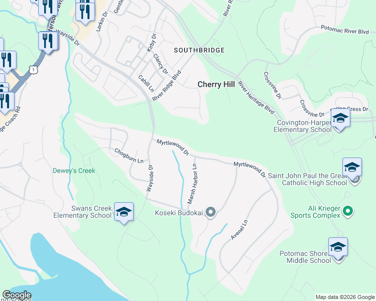 map of restaurants, bars, coffee shops, grocery stores, and more near 2958 Myrtlewood Drive in Dumfries