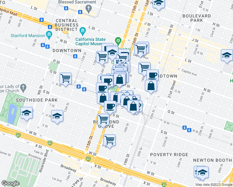 map of restaurants, bars, coffee shops, grocery stores, and more near 16th Street & Q Street in Sacramento