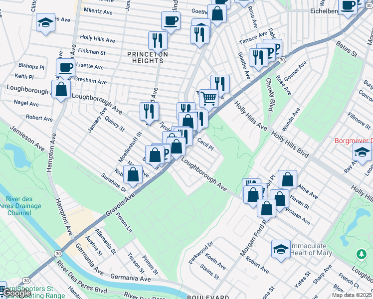 map of restaurants, bars, coffee shops, grocery stores, and more near 3 Tyrolean Avenue in St. Louis