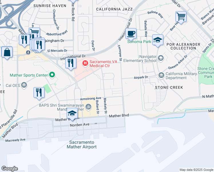 map of restaurants, bars, coffee shops, grocery stores, and more near 3607 Bleckely Street in Rancho Cordova