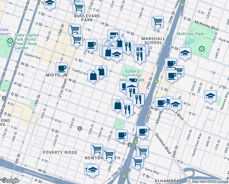 map of restaurants, bars, coffee shops, grocery stores, and more near 2600 Capitol Avenue in Sacramento