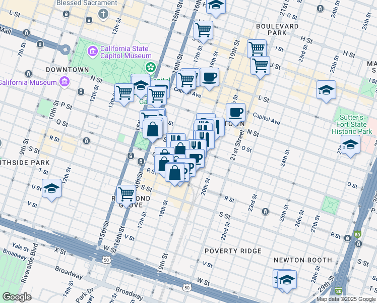 map of restaurants, bars, coffee shops, grocery stores, and more near 1801 P Street in Sacramento