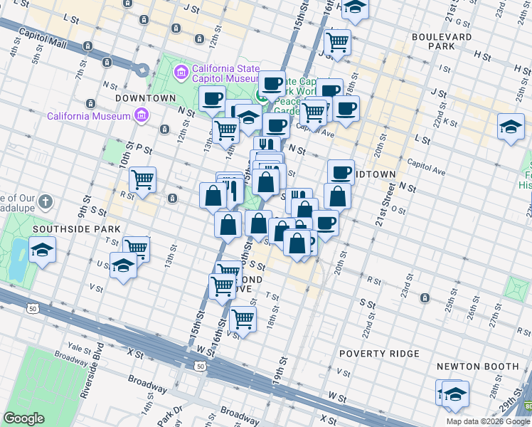 map of restaurants, bars, coffee shops, grocery stores, and more near 1609 16th Street in Sacramento