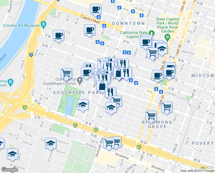 map of restaurants, bars, coffee shops, grocery stores, and more near 1815 10th Street in Sacramento