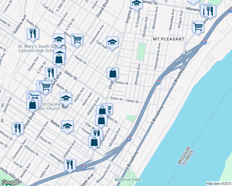 map of restaurants, bars, coffee shops, grocery stores, and more near 3229 Liberty Street in St. Louis