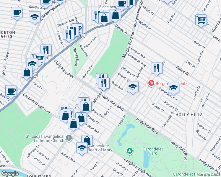 map of restaurants, bars, coffee shops, grocery stores, and more near 6137 Adkins Avenue in St. Louis