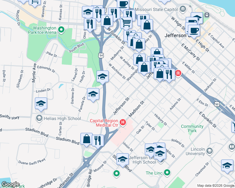 map of restaurants, bars, coffee shops, grocery stores, and more near 1000 Washington St in Jefferson City