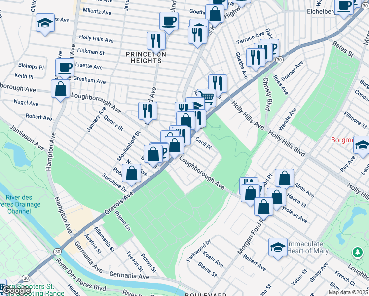 map of restaurants, bars, coffee shops, grocery stores, and more near 6832 Gravois Avenue in St. Louis