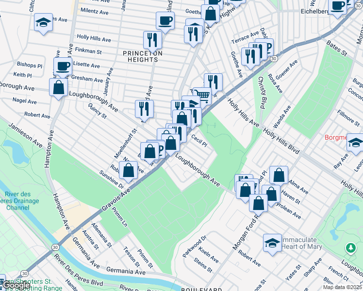 map of restaurants, bars, coffee shops, grocery stores, and more near 6830 Gravois Avenue in St. Louis