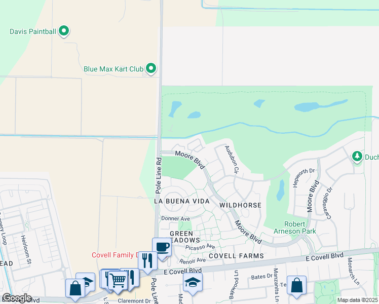 map of restaurants, bars, coffee shops, grocery stores, and more near 1818 Moore Boulevard in Davis