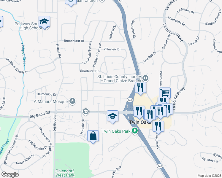 map of restaurants, bars, coffee shops, grocery stores, and more near 1262 Cottagemill Drive in Ballwin