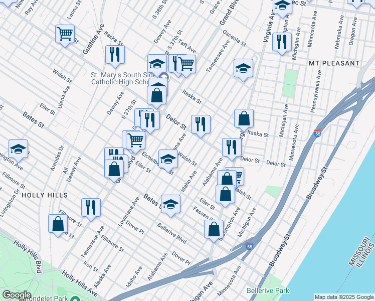 map of restaurants, bars, coffee shops, grocery stores, and more near 5032 Louisiana Avenue in St. Louis