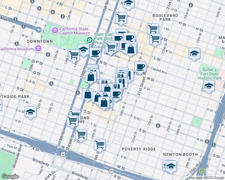 map of restaurants, bars, coffee shops, grocery stores, and more near 1801 P Street in Sacramento